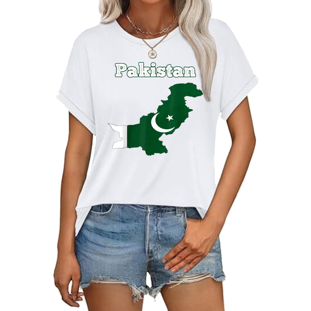 Women Fashion Pakistan - เสื้อยืดลายธงชาติปากีสถาน 14 สิงหาคม เสื้อยืดวันประกาศอิสรภาพ เสื้อยืดผ้าฝ้ายแขนสั้นลำลองแฟชั่นหลวมๆ สำหรับผู้ชายและผู้หญิง