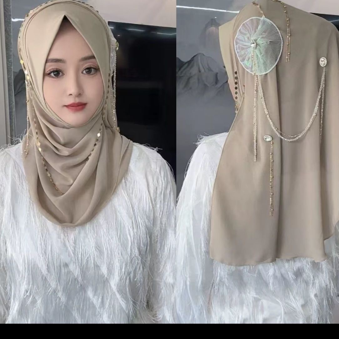 Women Fashion Malaysia - ผ้าคลุมศีรษะฮิญาบสำหรับผู้หญิงมุสลิม ผ้าพันคอหรูหราประดับพู่ห้อย ผ้าคลุมศีรษะสำหรับละหมาด ประเทศมาเลเซีย ผ้าชีฟฟอน 05562