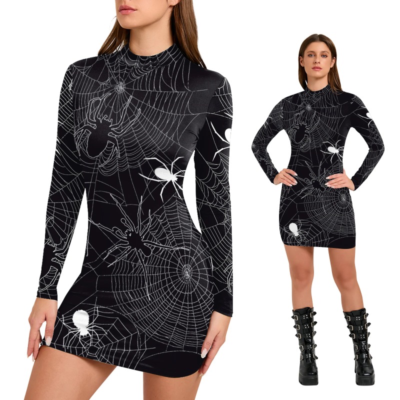 Bodycon Dress Women - ชุดเดรสพิมพ์ลายใยแมงมุมฮาโลวีนของผู้หญิง แขนยาว ชุดแฟชั่นเข้ารูปสำหรับเล่นบทบาทสมมติ งานปาร์ตี้วันหยุด คอสเพลย์ งานเฉลิมฉลองต่างๆ