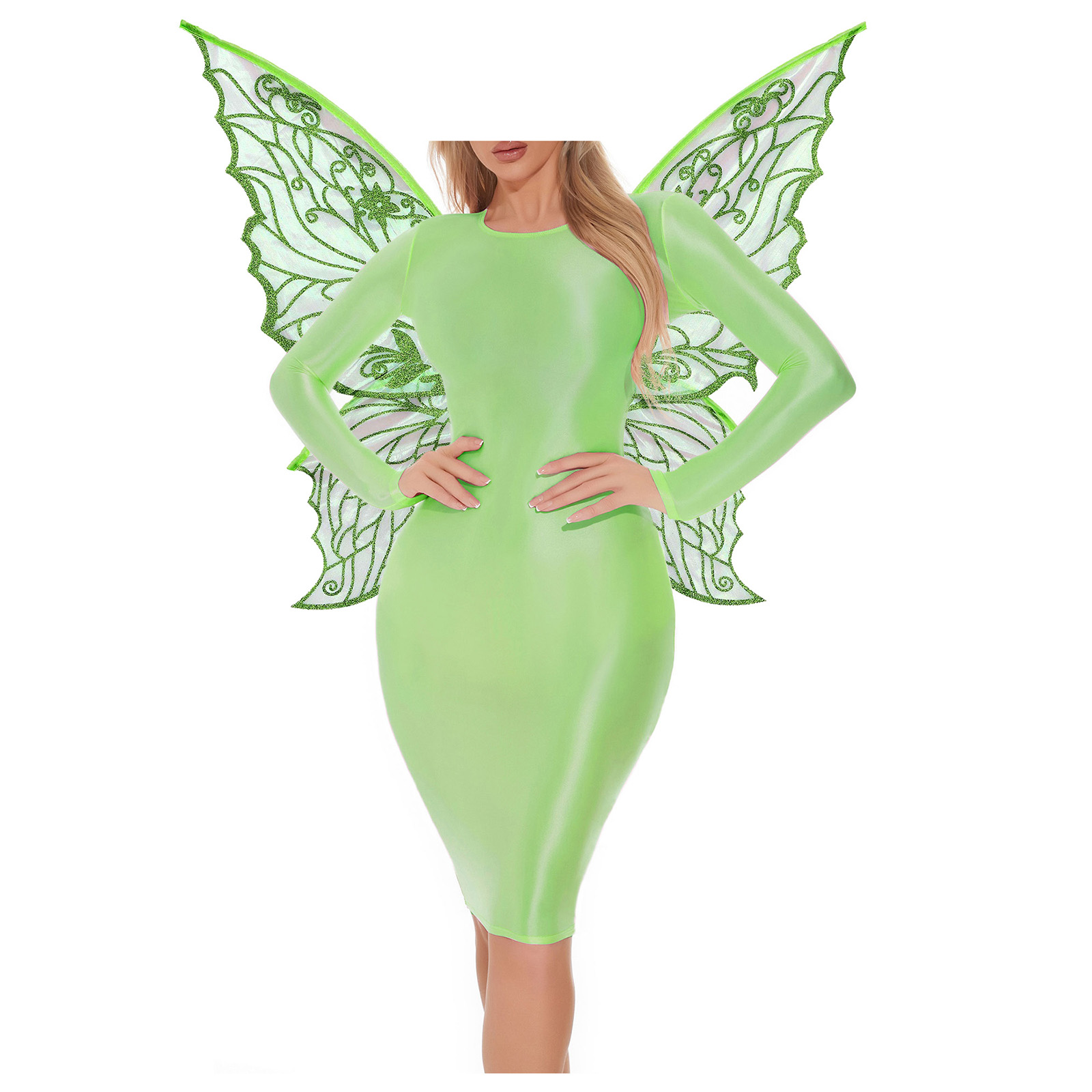 Bodycon Dress Women - ชุดคอสเพลย์นางฟ้าสำหรับผู้หญิง ชุดฮาโลวีนพร้อมปีกผีเสื้อ คอเสื้อทรงกลม แขนยาว ชุดเดรสเข้ารูปเงางาม